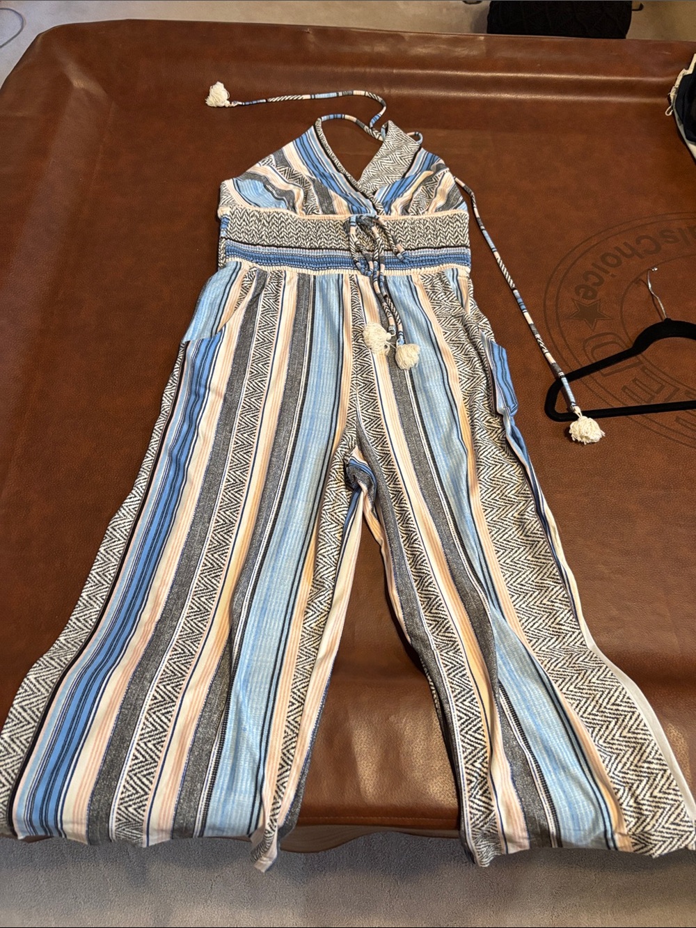 VENUS Blue & Cream Striped Halter Jumpsuit